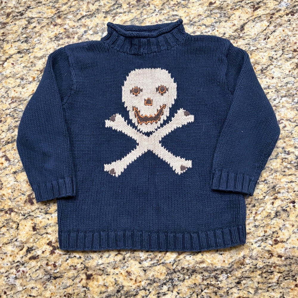 Mini Boden Boys Navy Blue Skull Crossbones Knit Sweater Mock Neck Size 5-6Y